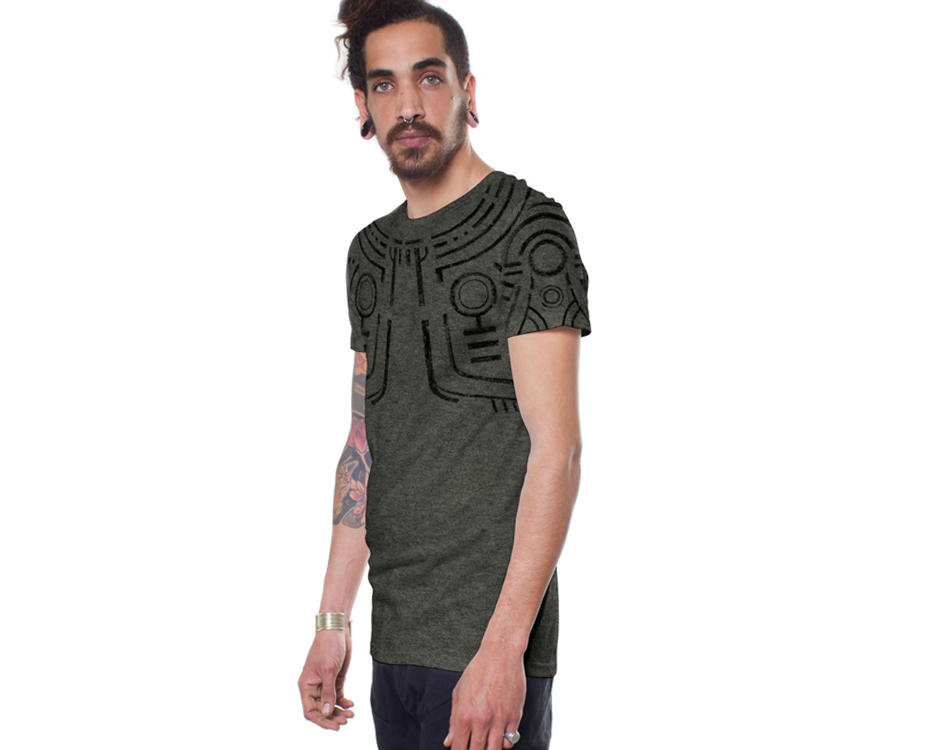 man׳s t-shirt in Olive Mouline with a tribal print